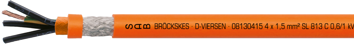 PUR-Motorenanschlussleitung mit PVC-Adern und Cu-Gesamtabschirmung 0,6/1 kV Aufdruck-Beispiel für SL 813 C 08130415: SAB BRÖCKSKES · D-VIERSEN · 08130415 4 x 1,5 mm² SL 813 C 0,6/1 kV DESINA CE