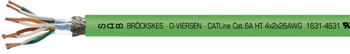 Aufdruck-Beispiel für CATLine CAT 6A HT: SAB BRÖCKSKES · D-VIERSEN · CATLine Cat.6A HT 4x2x26AWG 1631-4631 UL AWM Style 21618 150°C 600V CE