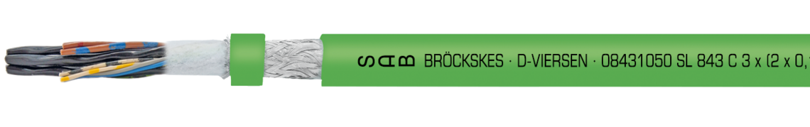 TPE/PUR-Geberleitung mit Cu-Gesamtabschirmung Aufdruck-Beispiel für SL 843 C 08431050: SAB BRÖCKSKES · D-VIERSEN · 08431050 SL 843 C 3 x (2 x 0,14 mm² D) + 4 x 0,22 mm² + 2 x 0,5mm² DESINA UL AWM-Style 20235 80°C 300V CSA AWM I/II A/B 80°C 300V FT1 CE