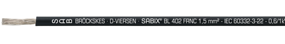 Aufdruck-Beispiel für SABIX® BL 402 FRNC 64020182: SAB BRÖCKSKES · D-VIERSEN · SABIX® BL 402 FRNC 1,5mm² - IEC 60332-3-22 - 0,6/1kV DNV CE und laufende Meterbedruckung