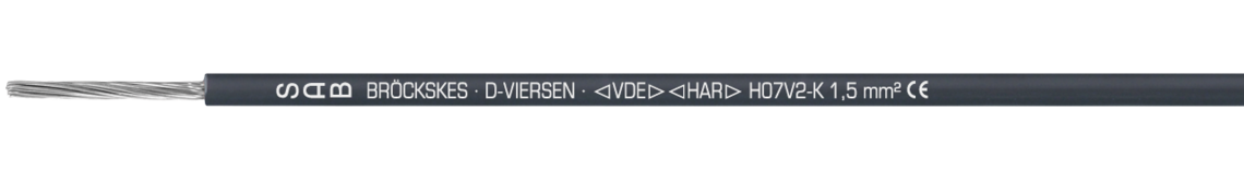 PVC-isolierte Aderleitung Aufdruck-Beispiel: SAB BRÖCKSKES · D-VIERSEN · < VDE > < HAR > H07V2-K 1,5 mm² CE