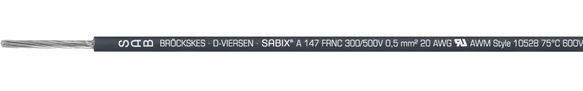 Aufdruck-Beispiel für SABIX® A 147 FRNC 61470150: SAB BRÖCKSKES · D-VIERSEN · SABIX® A 147 FRNC 300/500V 0,5 mm² 20 AWG UL AWM Style 10528 75°C 60O V CE