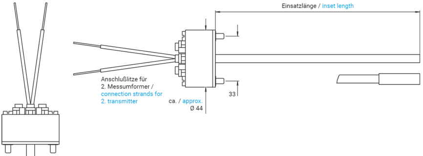 Messeinsatz mit 1 Messumformer und mit Anschluss für 2. Messumformer