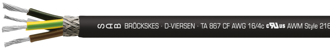 Aufdruck-Beispiel für TA 867 CF 38670415:
SAB BRÖCKSKES · D-VIERSEN · TA 867 CF AWG 16/4c cULus AWM Style 21618 I/II A/B 150°C 600V FT1 FT2  3867-0415  CE