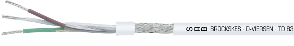 Aufdruck-Beispiel:
SAB BRÖCKSKES · D-VIERSEN · TD 833 CF AWG 20/3c cULus AWM Style 21618 I/II A/B 150°C 600V FT1 FT2  3833-0320  CE