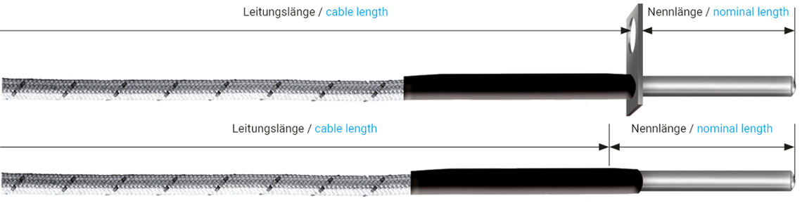 Thermofühler mit Anschlussleitung Thermofühler mit Anschlussleitung und verschweißter Messspitze, optional mit Befestigungsblech