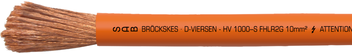 FHRLR2G - Hochflexible silikonisolierte HV Einzelader Aufdruck-Beispiel: SAB BRÖCKSKES · D-VIERSEN - HV 1000–S FHLR2G 10mm² ATTENTION HIGH VOLTAGE MAX 600 V AC / 1000 V DC