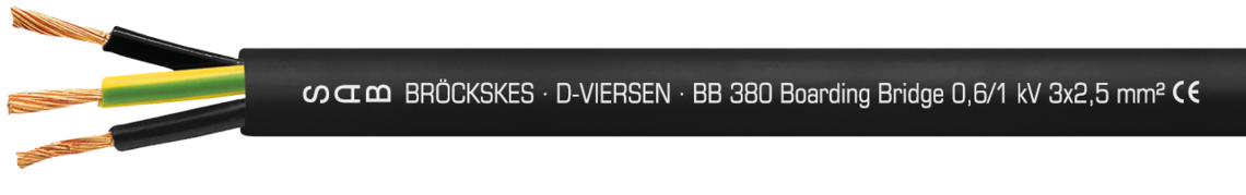 Aufdruck-Beispiel für BB 380 Boarding Bridge 53800325: SAB BRÖCKSKES · D-VIERSEN · BB 380 Boarding Bridge 0,6/1 kV 3x2,5 mm² CE