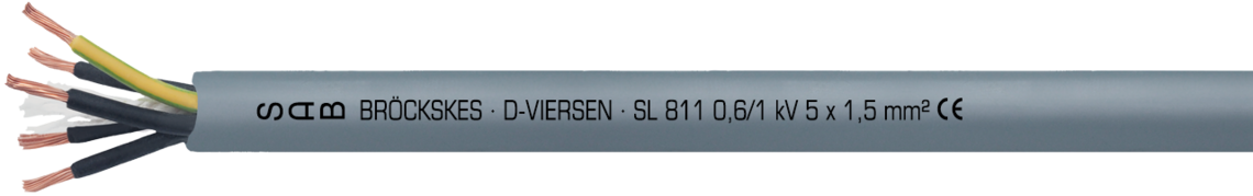 PUR-Motorenanschlussleitung mit PVC-Adern 0,6/1 kV Aufdruck-Beispiel für SL 811 08110515: SAB BRÖCKSKES · D-VIERSEN · SL 811 0,6/1 kV 5 x 1,5 mm² CE
