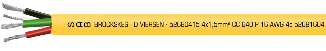 Aufdruck-Beispiel für CC 640 P 52680415: SAB BRÖCKSKES · D-VIERSEN · 52680415 4 x 1,5 mm² CC 640 P 16 AWG 4c 52681604 UL AWM Style 21127 75°C 600V CSA AWM I/II A/B 80°C 600V FT1 FT2 CE