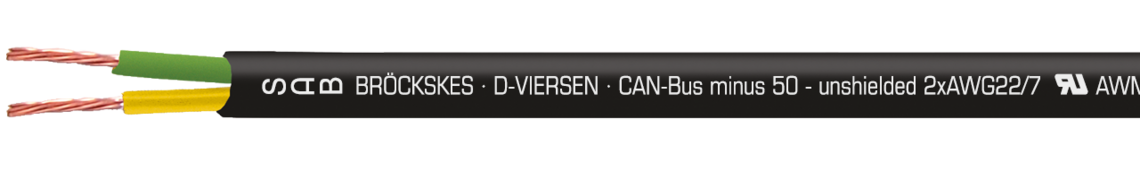 Aufdruck-Beispiel für CAN-Bus minus 50 06290041: SAB BRÖCKSKES · D-VIERSEN · CAN-Bus minus 50 - unshielded 2xAWG22/7 UL AWM Style 20549 80°C 300V 0629-0041 CE