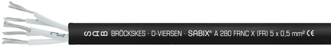 Aufdruck-Beispiel für SABIX® A 280 FRNC X (FR) 62809505: SAB BRÖCKSKES · D-VIERSEN · SABIX® A 280 FRNC X (FR) 5 x 0,5 mm² CE