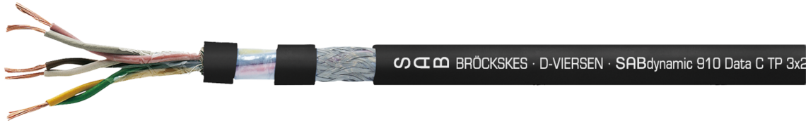 Paarverseilte, dauerflexible, robotertaugliche SABIX®/PUR-Datenleitung, robust, ölbeständig und flammwidrig mit farbigen Adern und Cu-Gesamtabschirmung Aufdruck-Beispiel:
SAB BRÖCKSKES · D-VIERSEN · SABdynamic 910 Data 3x2x0,34mm² cULus AWM Style 20233 AWM I/II A/B 80°C 300V FT1 FT2 0911-0303 CE