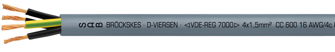 Aufdruck-Beispiel für CC 600 02041604: SAB BRÖCKSKES · D-VIERSEN · VDE Reg.-Nr. 7000  4x 1,5 mm²  CC 600 16 AWG/40c 02041840 UL AWM Style 21216 90°C Oil 60°C 600V CSA AWM I/II A/B 90°C F 600V FT1 FT2 CE