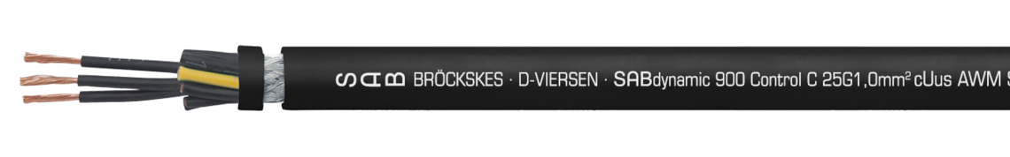 Dauerflexible SABIX®/PUR-Steuerleitung, robust, ölbeständig und flammwidrig mit nummerierten Adern und Cu-Gesamtabschirmung Aufdruck-Beispiel:
SAB BRÖCKSKES · D-VIERSEN · SABdynamic 900 Control 25G1,0mm² cULus AWM Style 21223 AWM I/II A/B 80°C 600V FT1 FT2 0901-2510 CE