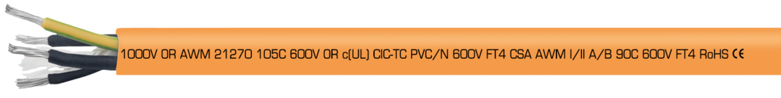 Aufdruck-Beispiel für TR 600 HD 32301604:
SAB NORTH AMERICA TR 600 HD 16 AWG 4c P/N 32301604 (UL) TC-ER 90C DRY 75C WET 600V OIL RES I/II SUN RES DIR BUR OR WTTC
1000V OR AWM 21270 105C 600V OR c(UL) CIC-TC PVC/N 600V FT4 CSA AWM I/II A/B 90C 600V FT4 RoHS CE