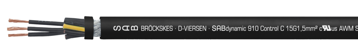 Dauerflexible, robotertaugliche SABIX®/PUR-Steuerleitung, robust, ölbeständig und flammwidrig mit nummerierten Adern und Cu-Gesamtabschirmung Aufdruck-Beispiel:
SAB BRÖCKSKES · D-VIERSEN · SABdynamic 910 Control 15G1,5mm² cULus AWM Style 21223 AWM I/II A/B 80°C 600V FT1 FT2 0911-1515 CE
