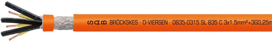 Aufdruck-Beispiel: SAB BRÖCKSKES · D-VIERSEN · 0835-0315 SL 835 C 3x1,5mm²+3G0,25mm² cULus AWM Style 21223 I/II A/B 80°C 1000V FT1 FT2 E172204 CE
