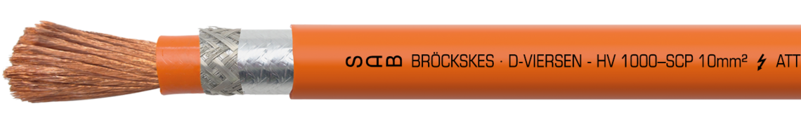 Hochflexible silikonisolierte HV Einzelader mit TPE-U-Außenmantel und Cu-Gesamtabschirmung Aufdruck-Beispiel: SAB BRÖCKSKES · D-VIERSEN · HV 1000–SCP 10mm² ATTENTION HIGH VOLTAGE MAX 600 V AC / 1000 V DC
