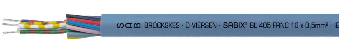 Aufdruck-Beispiel für SABIX® BL 405 FRNC 64051650: SAB BRÖCKSKES · D-VIERSEN · SABIX® BL 405 FRNC 16 x 0,5 mm² - IEC 60228-3-22 · 350V DNV CE und laufende Metermarkierung