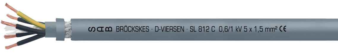PVC-Motorenanschlussleitung mit Cu-Gesamtabschirmung 0,6/1 kV Aufdruck-Beispiel für SL 812 C 08120515: SAB BRÖCKSKES · D-VIERSEN · SL 812 C 0,6/1 kV 5 x 1,5 mm² CE