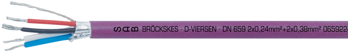 Hochflexible DeviceNet Leitung mit statischem Schirm Aufdruck-Beispiel für DN 659 06592241: SAB BRÖCKSKES · D-VIERSEN · DN 659 2x0,24mm²+2x0,38mm² 06592241 24AWG/1pr+22AWG/1pr UL AWM Style 20417 60°C 30V CE