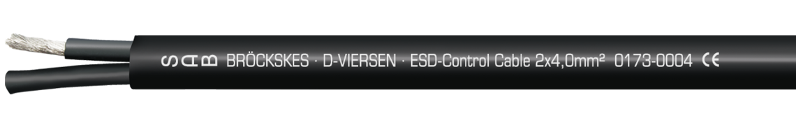 Aufdruck-Beispiel für Besilen® ESD Control Cable 01730004: SAB BRÖCKSKES · D-VIERSEN · ESD-Control Cable 2x4,0mm²  0173-0004  CE