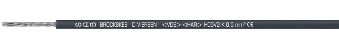 PVC-isolierte Verdrahtungsleitung Aufdruck-Beispiel: SAB BRÖCKSKES · D-VIERSEN · < VDE > < HAR > H05V2-K 0,5 mm² CE
