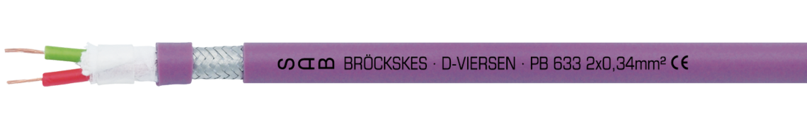 halogenfreie, flexible PE Profibus-DP Leitung Aufdruck-Beispiel für PB 633 06332341: SAB BRÖCKSKES · D-VIERSEN · PB 633 2x0,34mm² CE