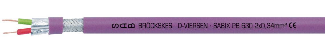 halogenfreie Profibus-DP Leitung Aufdruck-Beispiel für SABIX PB 630 56302341: SAB BRÖCKSKES · D-VIERSEN · SABIX PB 630 2x0,34mm² CE