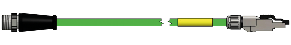 schleppkettenfähige Profinet Leitung, mit angespritztem M12 Stecker D-kodiert und montiertem RJ45 Stecker