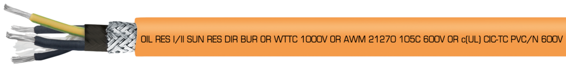 Aufdruck-Beispiel für TR 600 C HD 32401604: 
SAB NORTH AMERICA TR 600 C HD 16 AWG 4c P/N 32401604 (UL) TC-ER 90C DRY 75C WET 600V OIL RES I/II SUN RES DIR BUR OR WTTC
1000V OR AWM 21270 105C 600V OR c(UL) CIC-TC PVC/N 600V FT4 CSA AWM I/II A/B 90C 600V FT4 RoHS CE