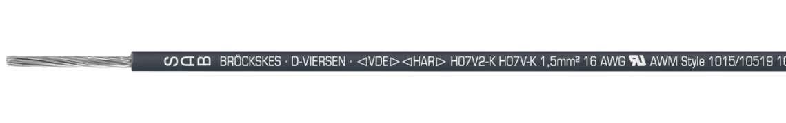 PVC-isolierte Aderleitung, gemäß HAR/UL/VDE/CSA Aufdruck-Beispiel für H07V2-K 31570182: SAB BRÖCKSKES · D-VIERSEN · < VDE > < HAR > H07V2-K H07V-K 1,5 mm² 16 AWG UL AWM Style 1015/10519 105°C 600V VW1 E172204 CSA Type TEW 105°C 600V FT1 LL104758 CE