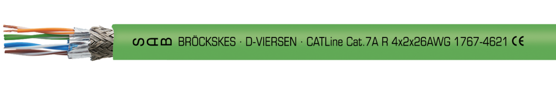 Aufdruck-Beispiel für CATLine CAT 7A R 17674621: SAB BRÖCKSKES · D-VIERSEN · CATLine Cat.7A R 4x2x26AWG 1767-4621 CE