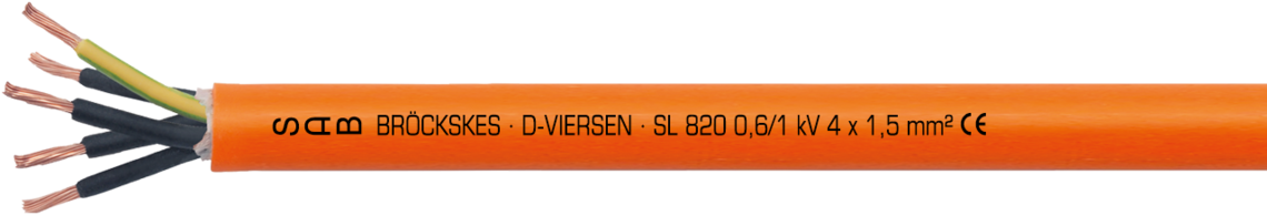 PUR-Motorenanschlussleitung mit TPE-Adern 0,6/1 kV Aufdruck-Beispiel für SL 820 C 08200415: SAB BRÖCKSKES · D-VIERSEN · SL 820 0,6/1 kV 4 x 1,5 mm² CE