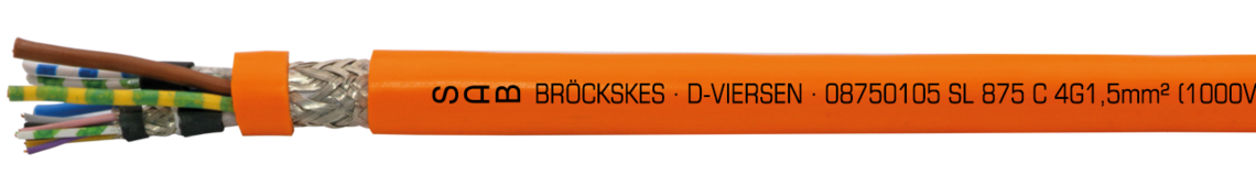 Kapazitätsarme PUR-Hybrid-Motorenanschlussleitung mit Cu-Gesamtabschirmung 0,6/1 kV Aufdruck-Beispiel: SAB BRÖCKSKES · D-VIERSEN · 08750105 SL 875 C 4G1,5mm² + (2x1,0mm²)C + (2x22AWG)C DESINA cULus AWM Style 21209 I/II A/B 90°C 1000V FT1 FT2 CE
