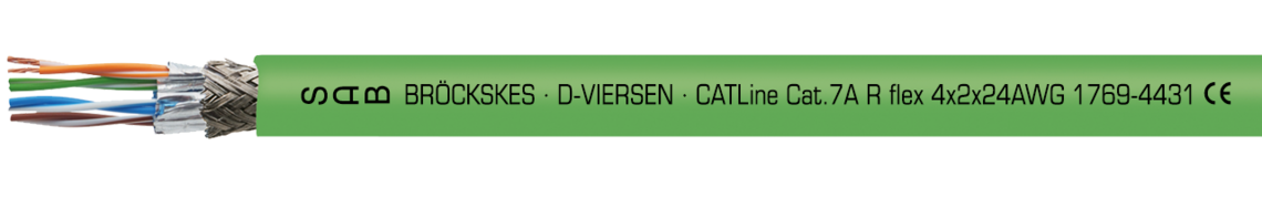 Aufdruck-Beispiel für CATLine CAT 7 A R flex 17694431: SAB BRÖCKSKES · D-VIERSEN · CATLine Cat.7A R flex 4x2x24AWG 1769-4431 CE