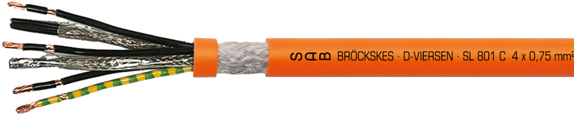Kombinierte TPE/PUR-Motorenanschluss-Leitung mit Cu-Gesamtabschirmung Aufdruck-Beispiel für SL 801 C 08010407: SAB BRÖCKSKES · D-VIERSEN · SL 801 C 4 x 0,75 mm² + 2 x (2 x 0,34 mm²) DESINA CE