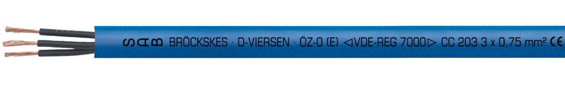 Aufdruck-Beispiel für ÖZ-0 (E) 02030307: SAB BRÖCKSKES · D-VIERSEN · ÖZ-0 (E) VDE-Reg.-Nr. 7000 CC 203 3 x 0,75 mm² CE