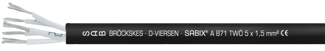 halogenfreie "Thinwall" Anschluss- und Datenleitung, Aufbau in Anlehnung an EN 50306 Aufdruck-Beispiel für SABIX® A 871 TWÖ 68710515:
SAB BRÖCKSKES · D-VIERSEN · SABIX® A 871 TWÖ 5 x 1,5 mm² CE