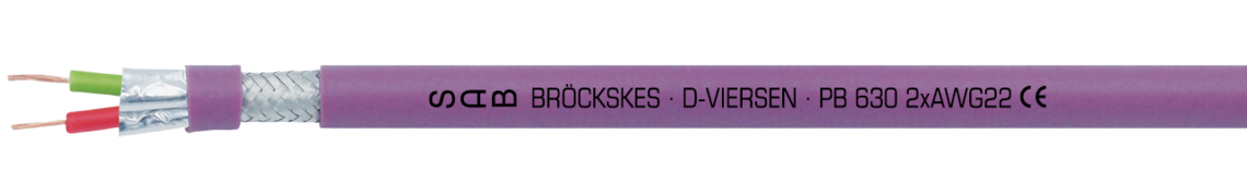 PVC Profibus-DP Leitung für feste Verlegung Aufdruck-Beispiel für PB 630 06302331: SAB BRÖCKSKES · D-VIERSEN · PB 630 2xAWG22 CE
