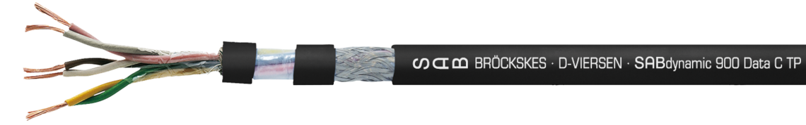 Paarverseilte, dauerflexible SABIX®/PUR-Datenleitung, robust, ölbeständig und flammwidrig mit farbigen Adern und Cu-Gesamtabschirmung Aufdruck-Beispiel:
SAB BRÖCKSKES · D-VIERSEN · SABdynamic 900 Data 3x2x0,34mm² cULus AWM Style 20233 AWM I/II A/B 80°C 300V FT1 FT2 0901-0303 CE