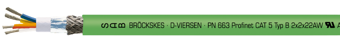 Aufdruck-Beispiel für PN 663 Profinet Typ B 06632202: SAB BRÖCKSKES · D-VIERSEN · PN 663 Profinet CAT 5 Typ B 2x2x22AW UL AMW Style 20601 80°C 300V CE