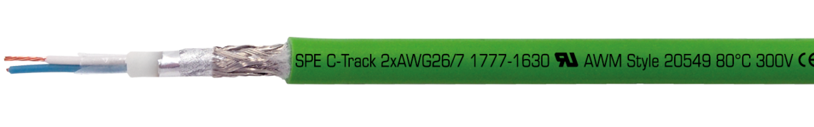 Aufdruck-Beispiel für CATLine SPE C-Track: SAB BRÖCKSKES · D-VIERSEN · CATLine SPE C-Track 2xAWG26/7 1777-1630 UL AWM Style 20549 80°C 300V CE