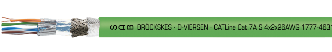 Aufdruck-Beispiel für CATLine CAT 7A S: SAB BRÖCKSKES · D-VIERSEN · CATLine Cat.7A S 4x2x26AWG 1777-4631 UL AWM Style 20549 80°C 300V CSA AWM I/II A/B 80°C 300V FT2 CE