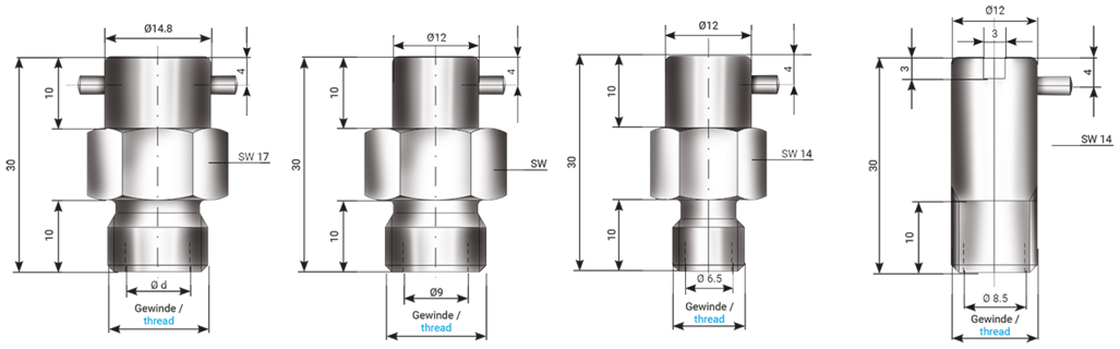 Einschraubnippel/Bajonettnippel für Temperaturfühler Form A/B/C