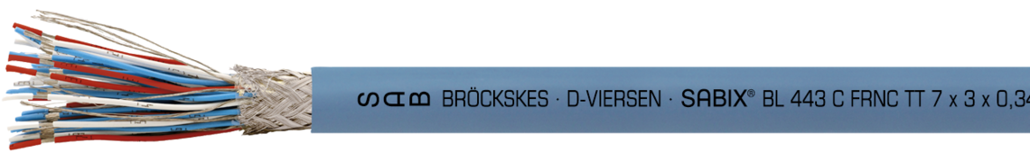 Aufdruck-Beispiel: SAB BRÖCKSKES · D-VIERSEN ·  SABIX® BL 443 C FRNC TT 7 x 3 x 0,34 mm² - IEC 60332-3-22 - 300V DNV CE und laufende Meterbedruckung